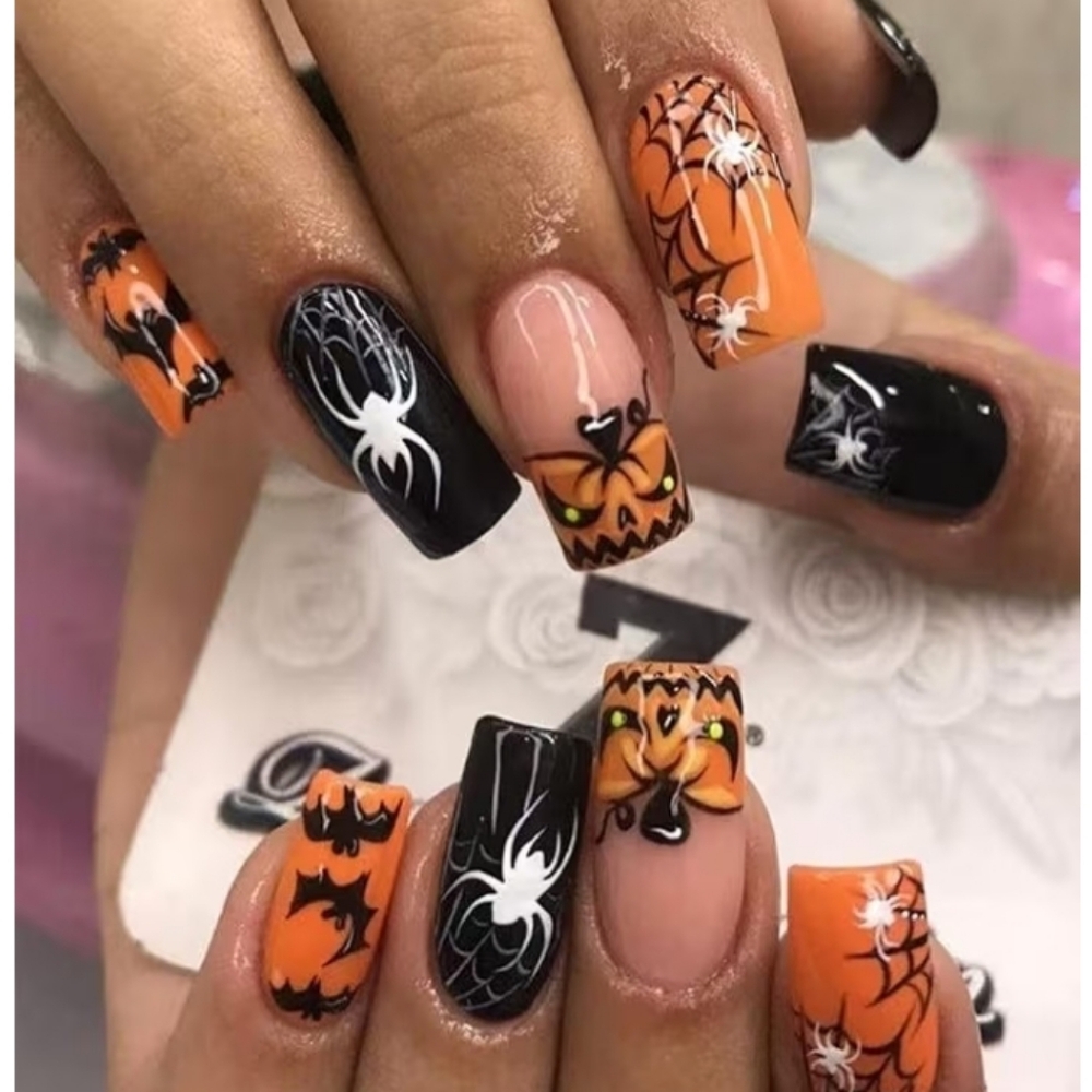 2/$10 Halloween Spider & Pumpkin False Nail Set - Orange & Black
